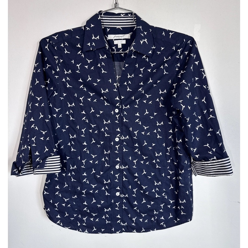 Foxcroft Easy Care 3/4 Sleeve Button Up Blouse Seagull Stripe Nautical Womens S